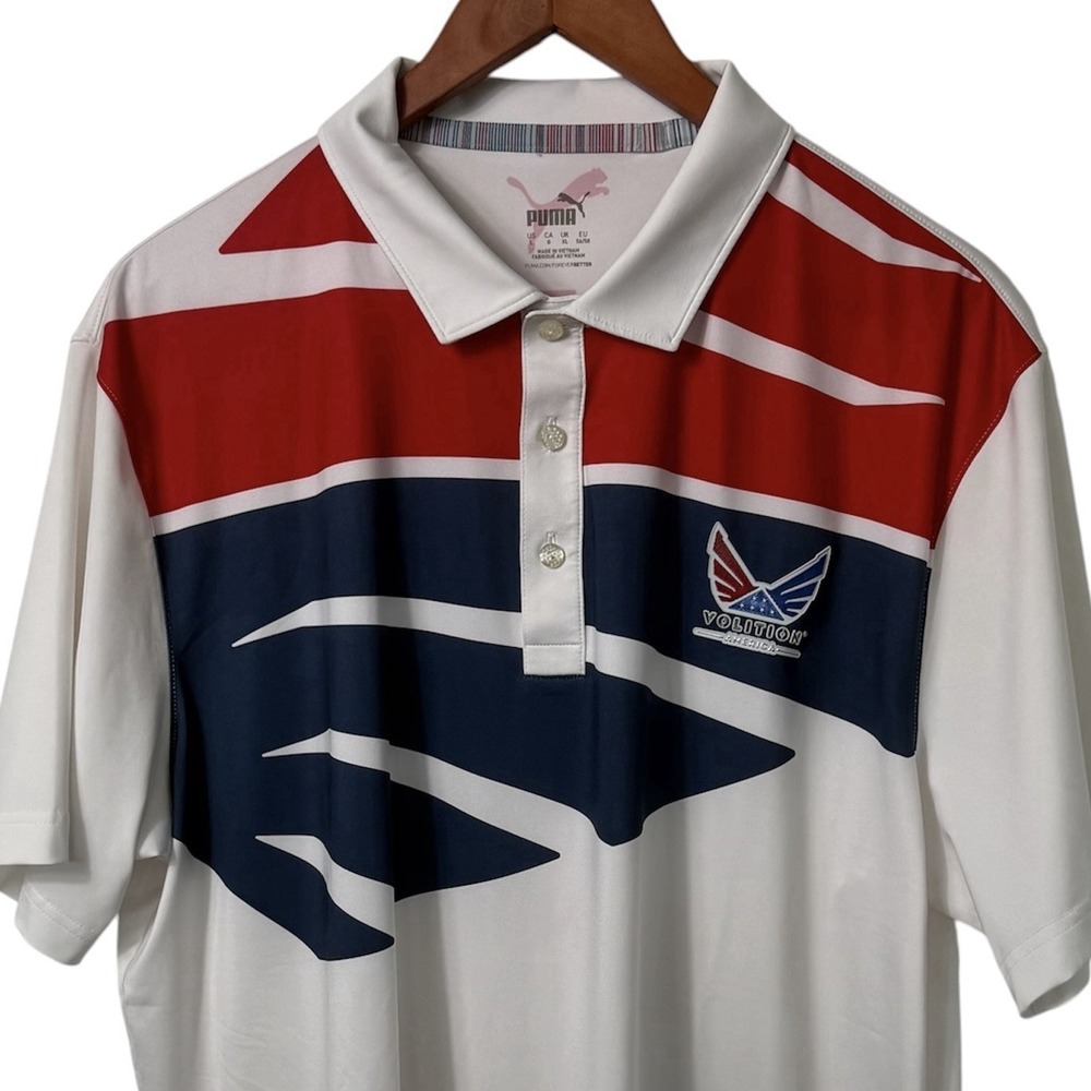 Puma Volition America Polo Mens Large Red White Blue Freedom Golf Dri-Fit READ
